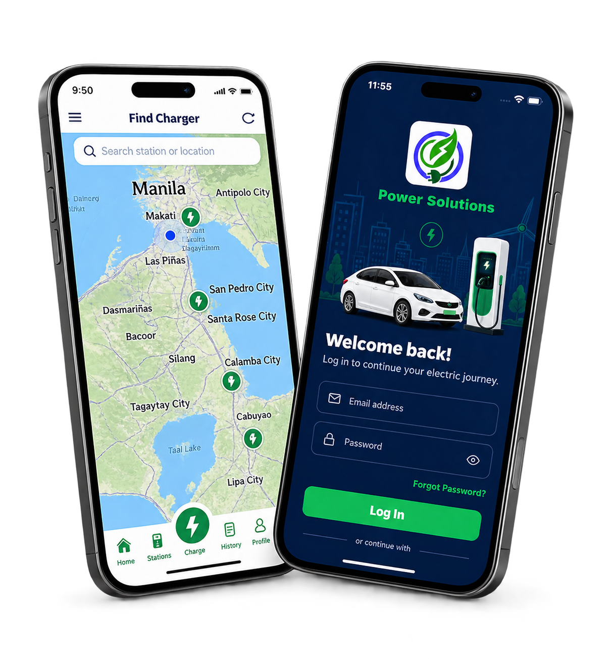 Power Solutions mobile application displayed on two smartphones